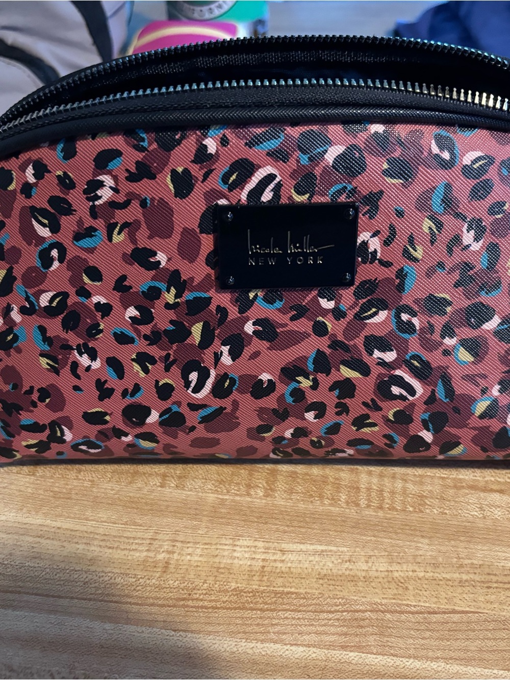 Pink brown leopard print cosmetic pouch